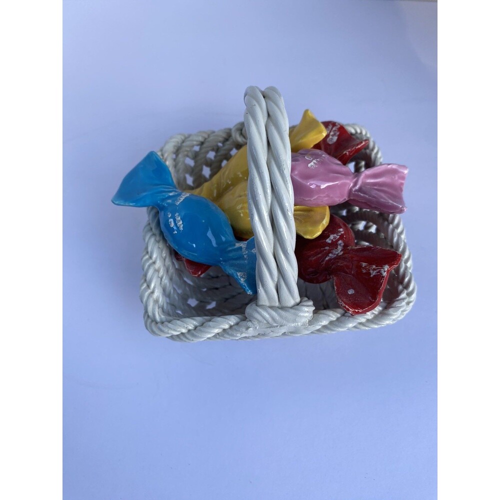 Vintage Majolica Ceramic Woven Basket Of Candy Made In Italy